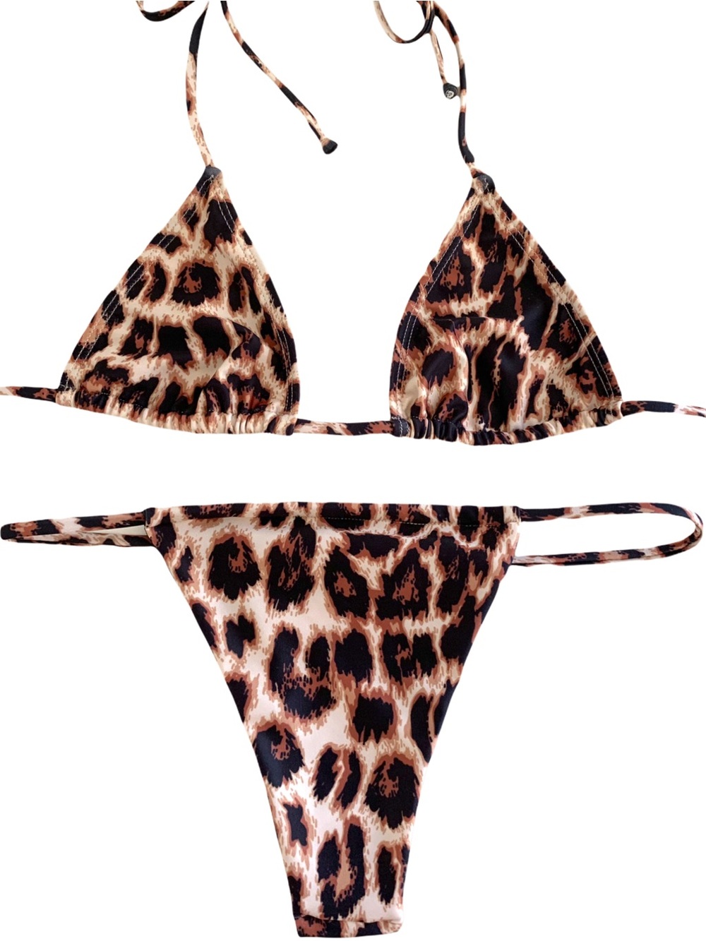 Leopard Print Triangle Thong Bikini Set - Brown & Black